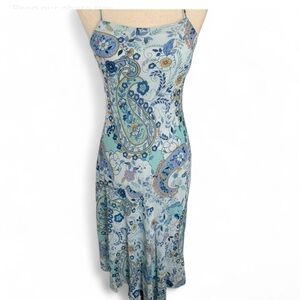 Y2K Khaki Krew Blue Paisley Fairycore Tiered Handkerchief Hem Midi Dress Vintage